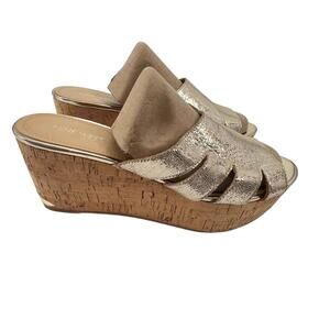 NINE WEST Gold Leather cork Platform wedge Sandals size 9